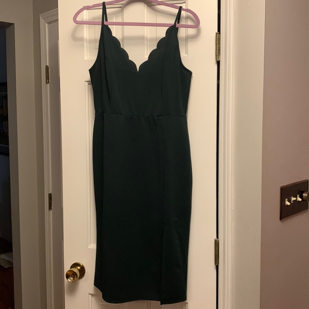 Forest Green Party dress with adjustable straps and left slits.